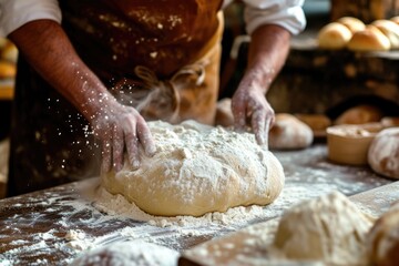 Fototapeta premium Artisan Baker Kneading Dough in Rustic Bakery