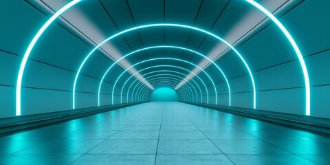 Naklejka premium futuristic blue neon lights tunnel corridor interior design abstract background.