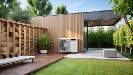 Sleek and Sustainable: A Modern Backyard Oasis with Energy-Efficient Air Conditioning  AI generated