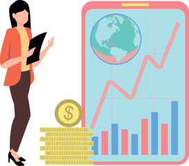 A girl is looking at an economy graph.