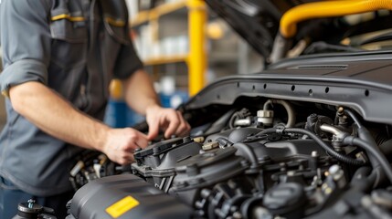 professional mechanic working on car engine, automotive repair service, close-up of hands inspecting vehicle engine components in workshop, auto maint