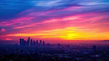 Fototapeta premium Los Angeles skyline at sunset with colorful clouds.