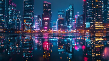 New York cityscape with neon light reflection at night
