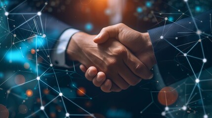 Businessman shaking hands with global network link connection and stock market graph overlay, representing digital technology, internet communication, and partnership in modern business deal