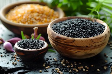 Assortment of Black Sesame Seeds and Spices in Wooden Bowls for Culinary Design and Food Photography