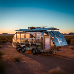 Futuristic Camper Van in a Desert Landscape. A futuristic meeting room with a panoramic city view, featuring a curved glass wall displaying data and a sleek, modern design.