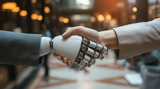 Human and Robot Handshake in Modern Setting - Close-up of a handshake between a human hand and a robotic hand, symbolizing technology partnership and collaboration in a contemporary environment.