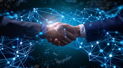Businessman shaking hands with global network link connection and stock market graph overlay, representing digital technology, internet communication, and partnership in modern business deal