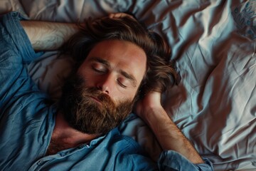 Obraz premium Close-up of handsome bearded man sleeping in bed at home enjoying good sleep, top view, copy space, Generative AI