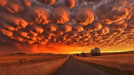 Fototapeta premium A dramatic sunset sky with a vibrant, textured cloud formation over a rural road.