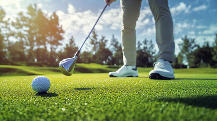 Golf player in white shoes, putting on the green with ball and club close-up