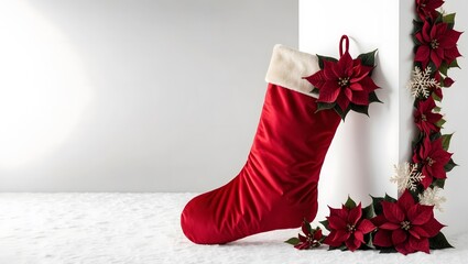 Vibrant Red Christmas Stocking Decorated With Poinsettias on a White Background