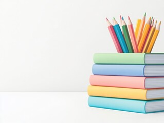 Colorful books stacked with vibrant pencils, perfect for education, creativity, and artistic inspiration.