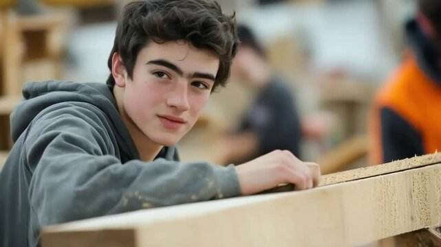Focused Teenage Student Measuring Wood in Carpentry Class