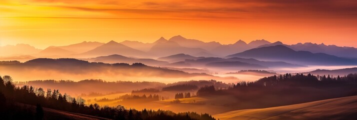 Obraz premium The mountains are covered in fog and the sky is orange. The mountains are in the background and the foreground is a forest