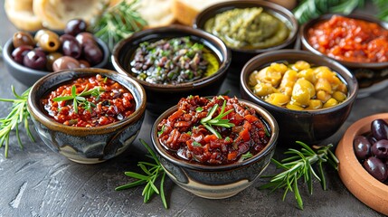 Vegan Tapenade Assortment Artistic assortment of vegan tapenade flavors like sundried tomato and olive, perfect for Mediterranean cuisine enthusiasts and dipthemed designs