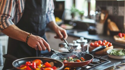 Man cooking vegetables in a kitchen.