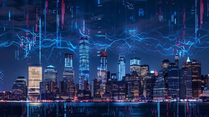 New York skyline, forex diagrams and stock market data with lines and dynamics, Generative AI