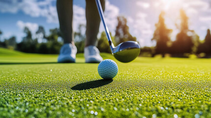 Golf player in white shoes, putting on the green with ball and club close-up