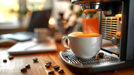 Steaming cup of freshly brewed coffee being dispensed from modern espresso machine on wooden table, surrounded by coffee beans and blurred home office elements.
