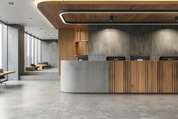 Gray and wooden bank interior with teller counters, Generative AI