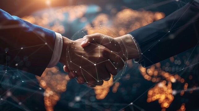 Businessman shaking hands with global network link connection and stock market graph overlay, representing digital technology, internet communication, and partnership in modern business deal