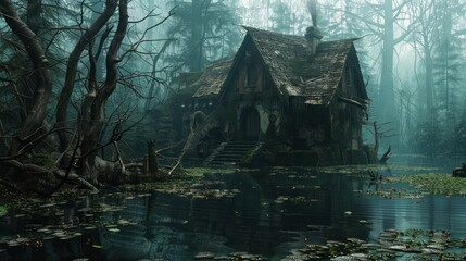 A gloomy witch's house in a swamp in the forest 