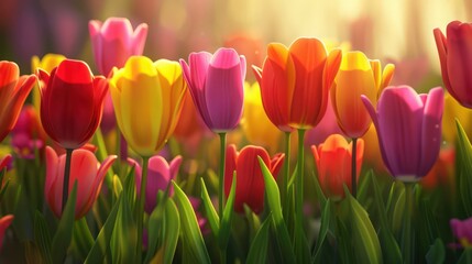 An elegant flower background, showcasing a field of vibrant tulips in shades of red, yellow, pink, and purple, swaying gently in the breeze