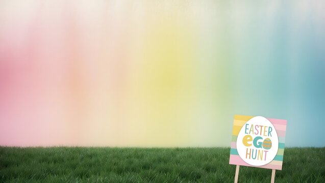 Colorful Easter Egg Hunt Sign in a Lush Green Field Under a Soft Pastel Sky - Powered by Adobe