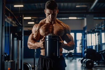 Naklejka premium Muscular bodybuilder male with protein whey powder in black container in gym, recommend sports nutrition, Generative AI