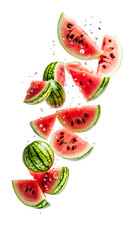 Falling Mini Watermelons isolated on white background, full depth of field, transparent png background