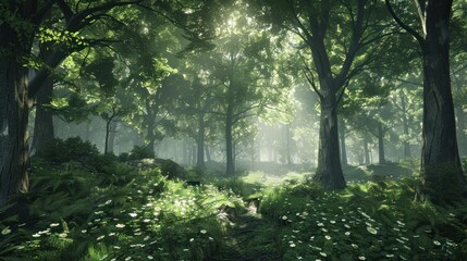 Fototapeta premium Sunbeams in a Misty Forest.