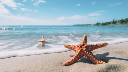 Tropical beach with sea star in sand close up. Neural network ai generated art