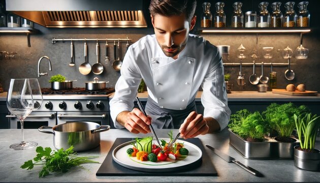  A gourmet cooking scene in a modern kitchen, show a chef carefully plating a dish with precision