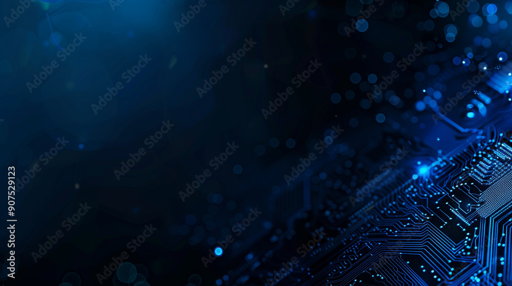 Aufkleber abstract blue circuit board background with glowing dots and bokeh lights on dark black background, 