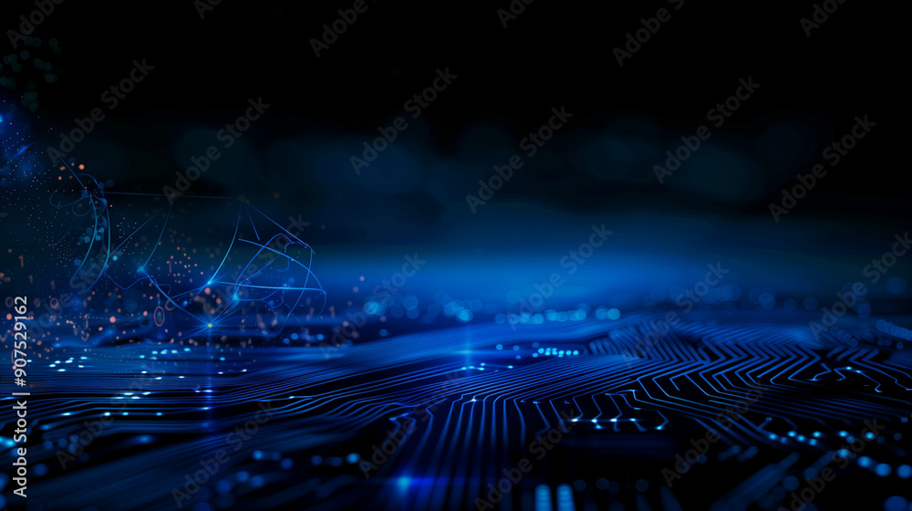 Poster abstract blue circuit board background with glowing dots and bokeh lights on dark black background, 
