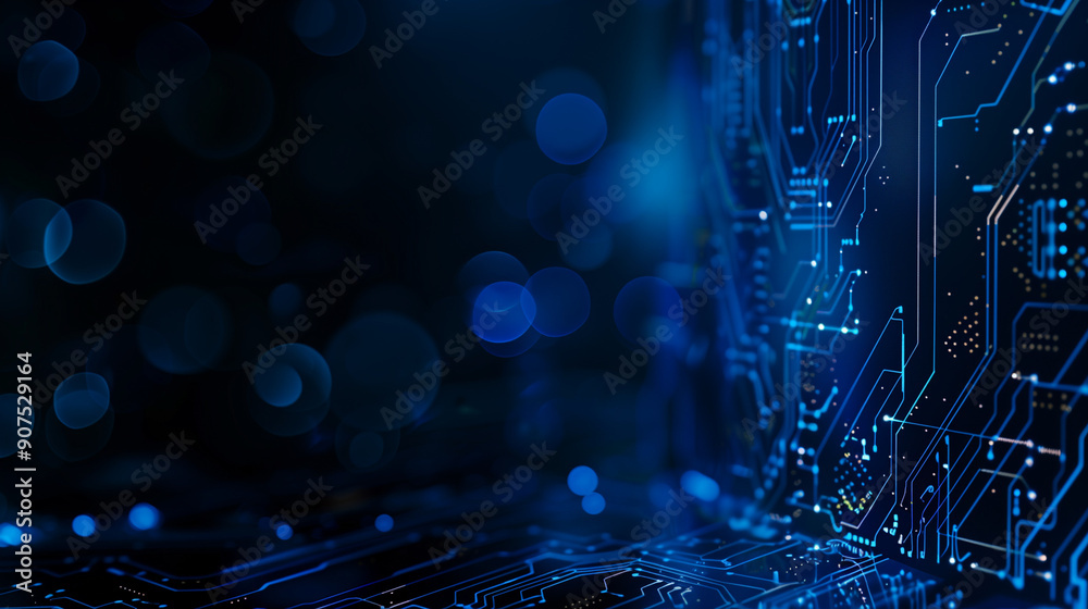 Poster abstract blue circuit board background with glowing dots and bokeh lights on dark black background, 
