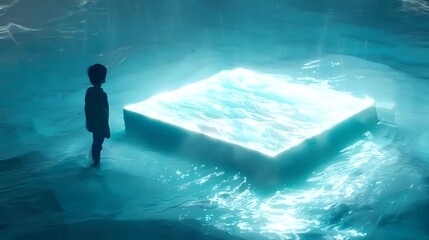A Boy Gazing at a Glowing Portal in the Water - Powered by Adobe