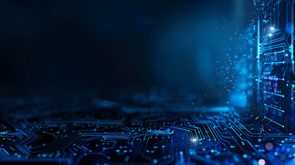 Abstract blue circuit board background with glowing dots and bokeh lights on dark black background, ideal for digital technology concept designs and modern electronic themes, highlighting connectivity