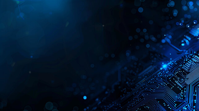 Abstract blue circuit board background with glowing dots and bokeh lights on dark black background, ideal for digital technology concept designs and modern electronic themes, highlighting connectivity