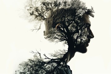Fototapeta premium Double exposure of young man combining with photograph of tree
