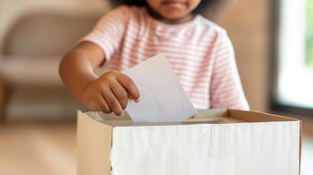 Close-up of child s hand inserting ballot into voting box, focus on democratic process