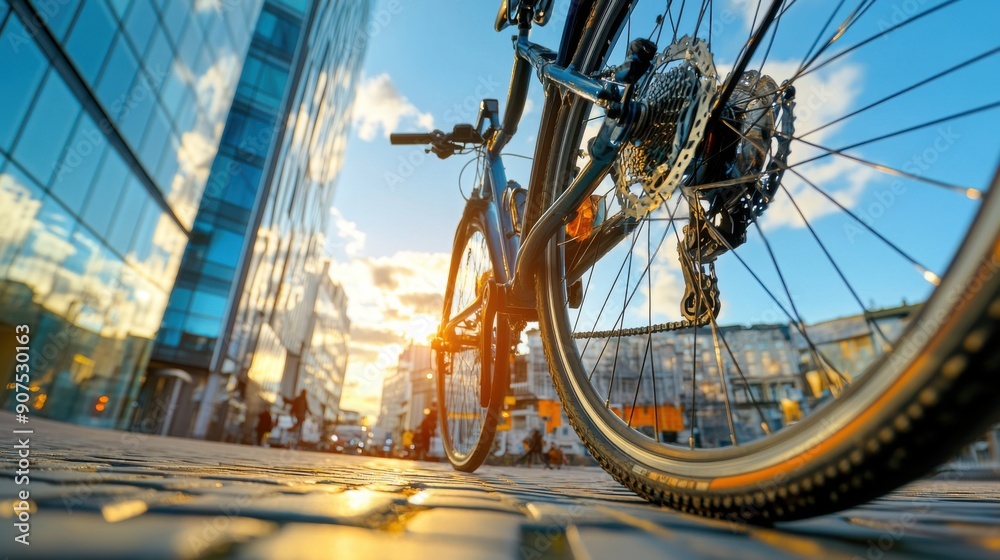 Wall mural Bicycle side view against a modern cityscape background, captured in vivid natural light with a wide-angle lens