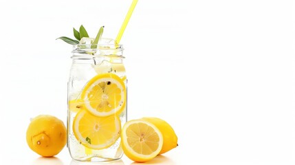 Fototapeta premium Glass of lemonade with lemons and straw isolated on white background.