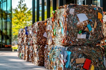 Stacks of recycled paper bales ready for processing. The image captures the organized approach to recycling paper materials.