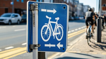 A modern bicycle traffic sign with a blue background featuring a white bicycle icon in the center, flanked by two arrows pointing left and right, symbolizing a shared bike lane