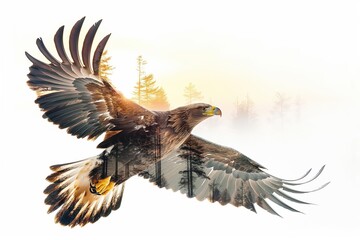 Fototapeta premium Majestic golden eagle soaring over misty forest at golden hour