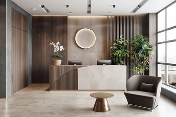 Cozy salon interior with reception desk, partition and panoramic window, Generative AI