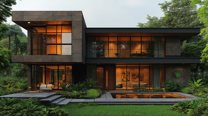 Fototapeta premium modern house with two floors, facade made of wood and stone, glass windows on the first floor, entrance door in front of it, terrace behind it, landscape design around the yard, view from outside the 
