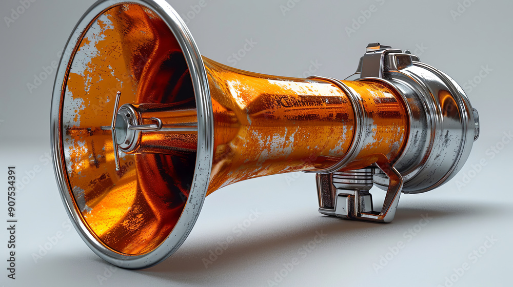 Wall mural rusty orange and chrome retro megaphone lying on its side on a white background